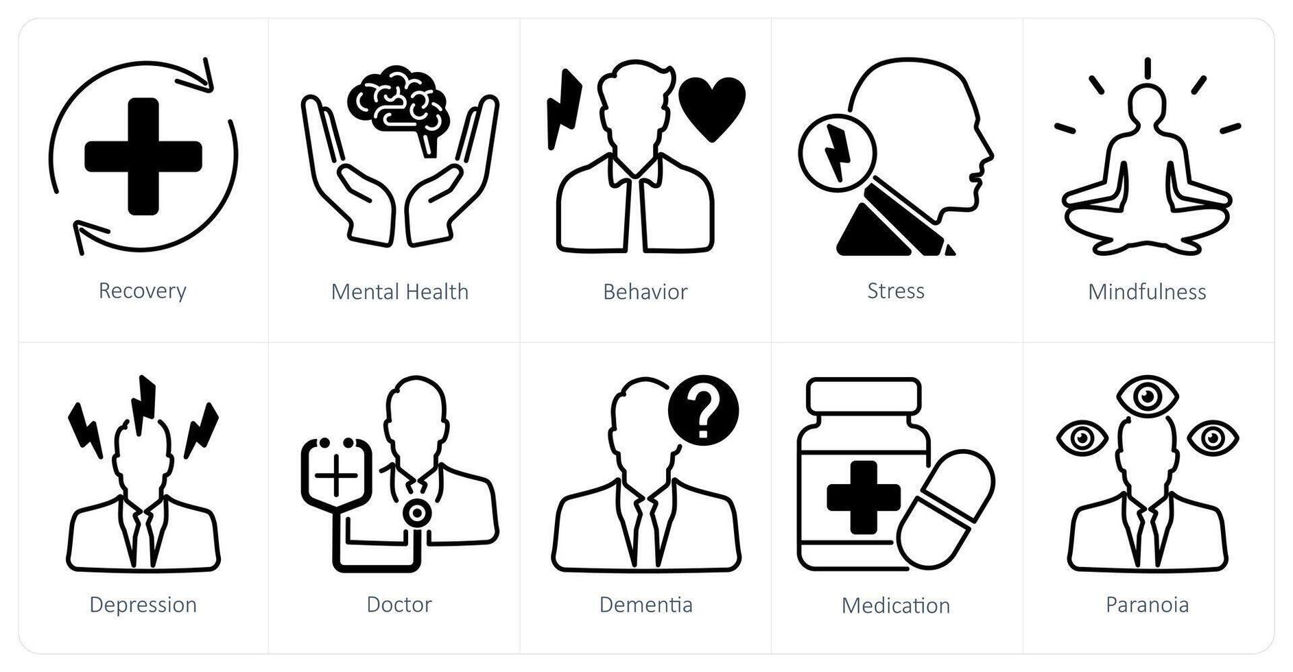 A set of 10 mental health icons as recovery, mental health, behaviour vector