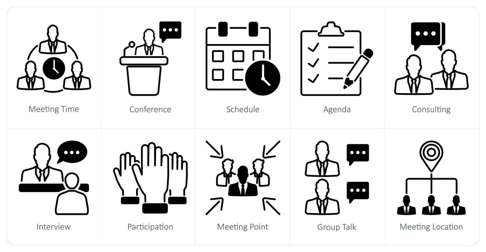 A set of 10 meeting icons as meeting time, conference, schedule vector