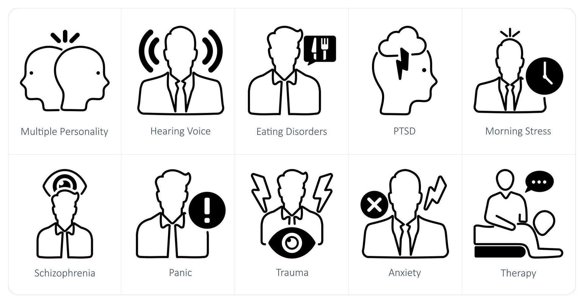 A set of 10 mental health icons as multiple personality, hearing voice, eating disorders vector