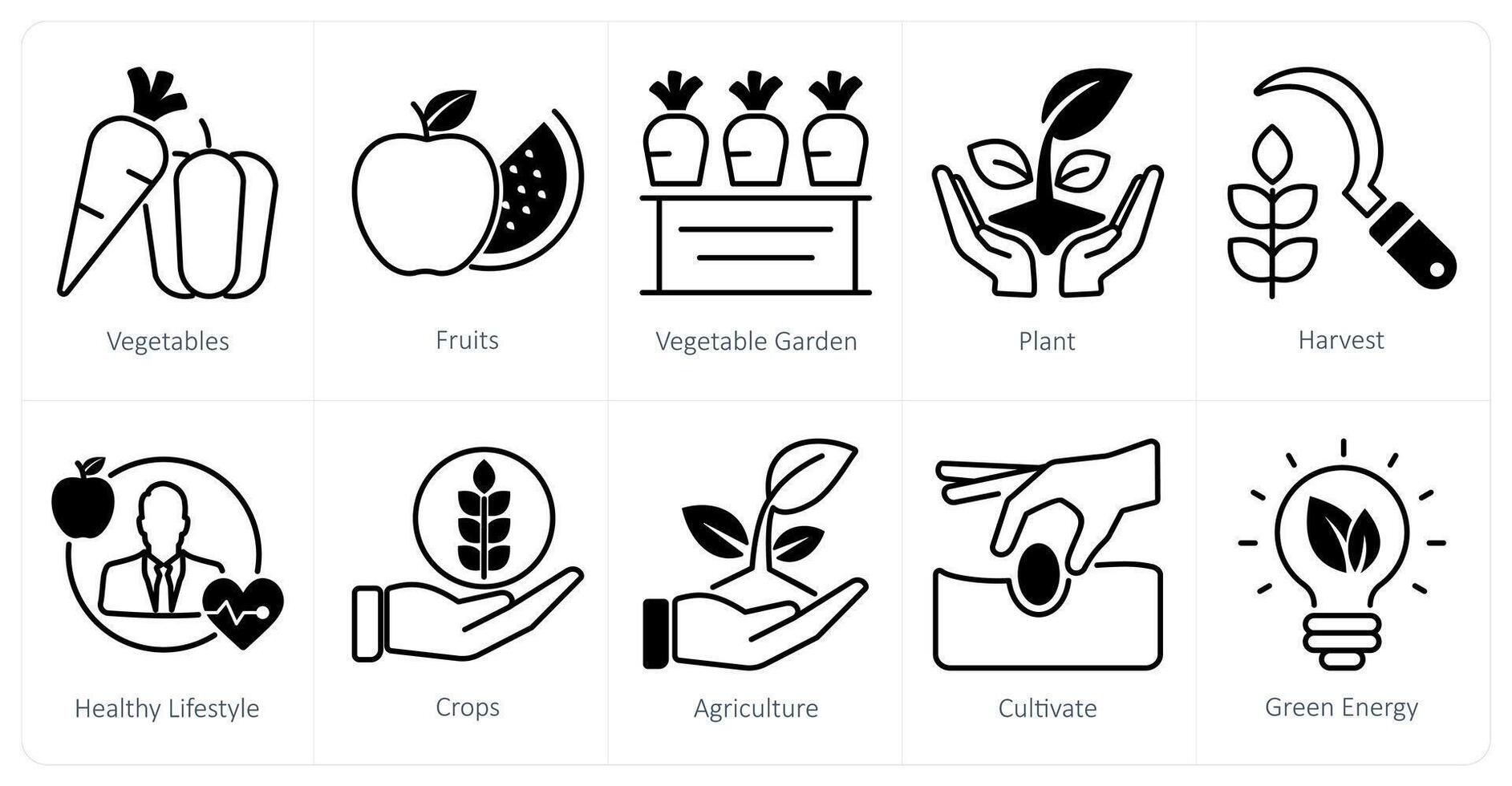 A set of 10 organic farming icons as vegetables, fruits, vegetable garden vector