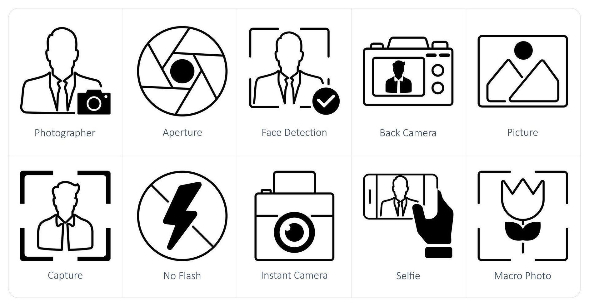 A set of 10 photography icons as photographer, apreture, face detection vector