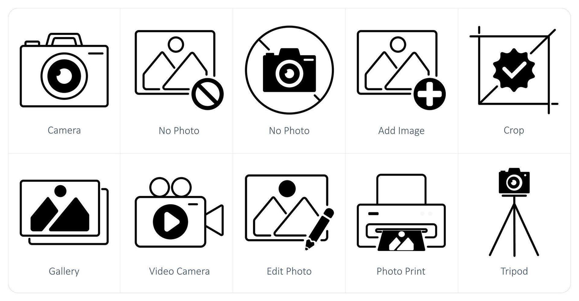 A set of 10 photography icons as camera, no photo, add image vector