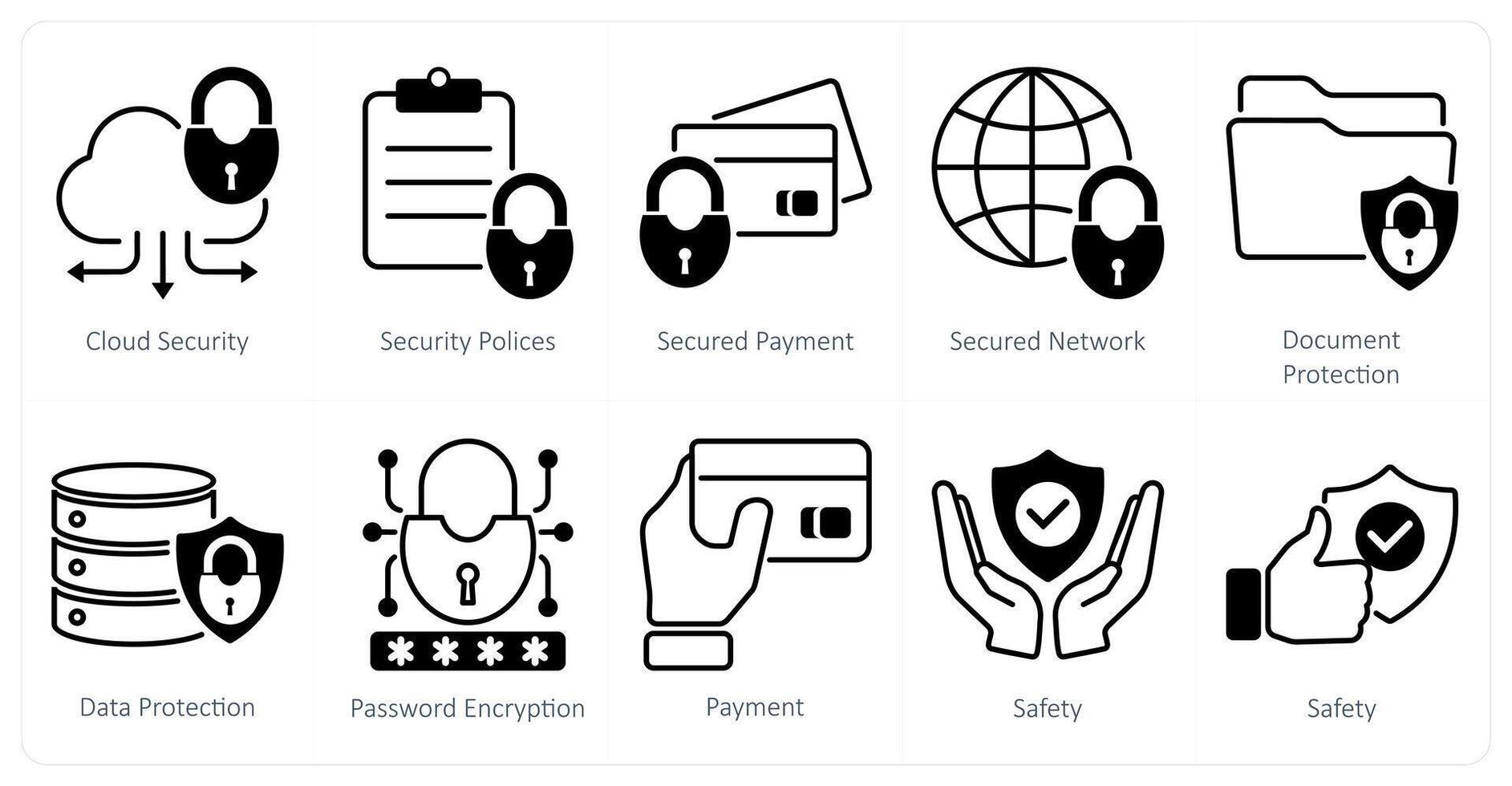 A set of 10 security icons as cloud security, security policies, secured payment vector