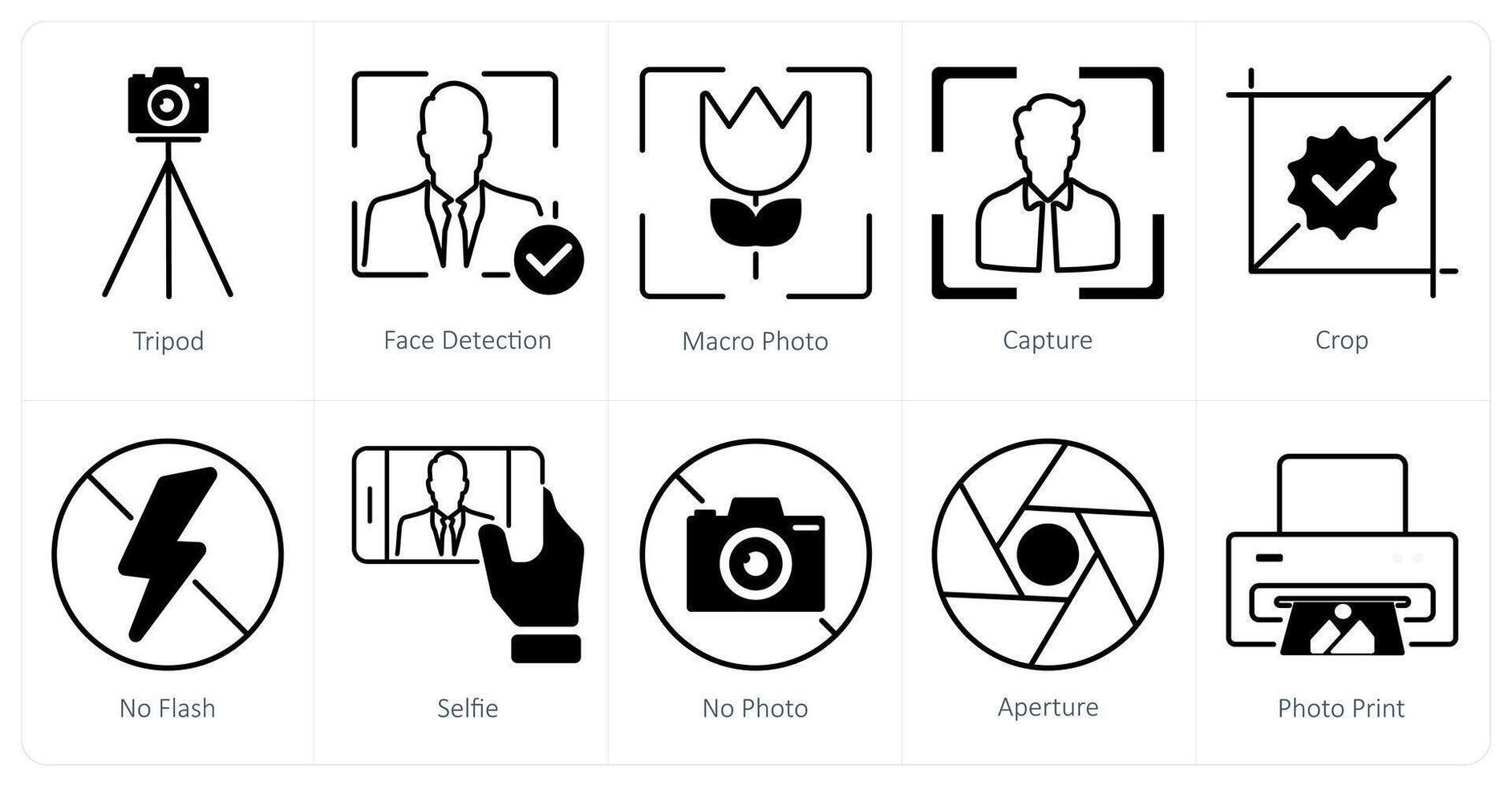 A set of 10 photography icons as tripod, face detection, macro photo vector
