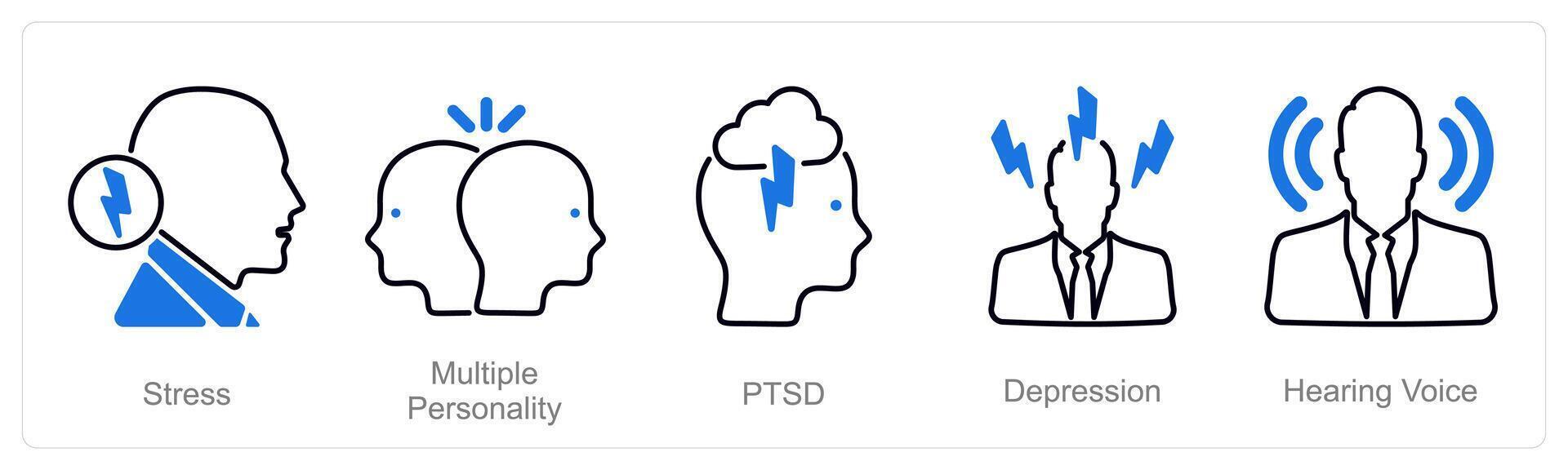 A set of 5 Mental Health icons as stress, multiple personality, ptsd vector