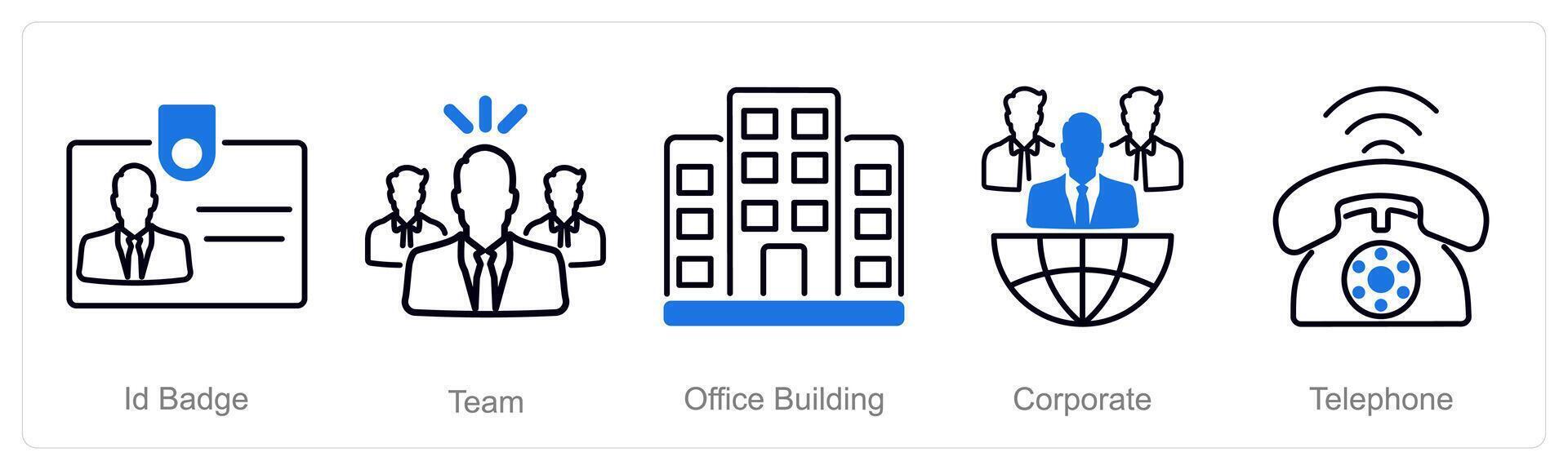 A set of 5 Office icons as id badge, team, office building vector