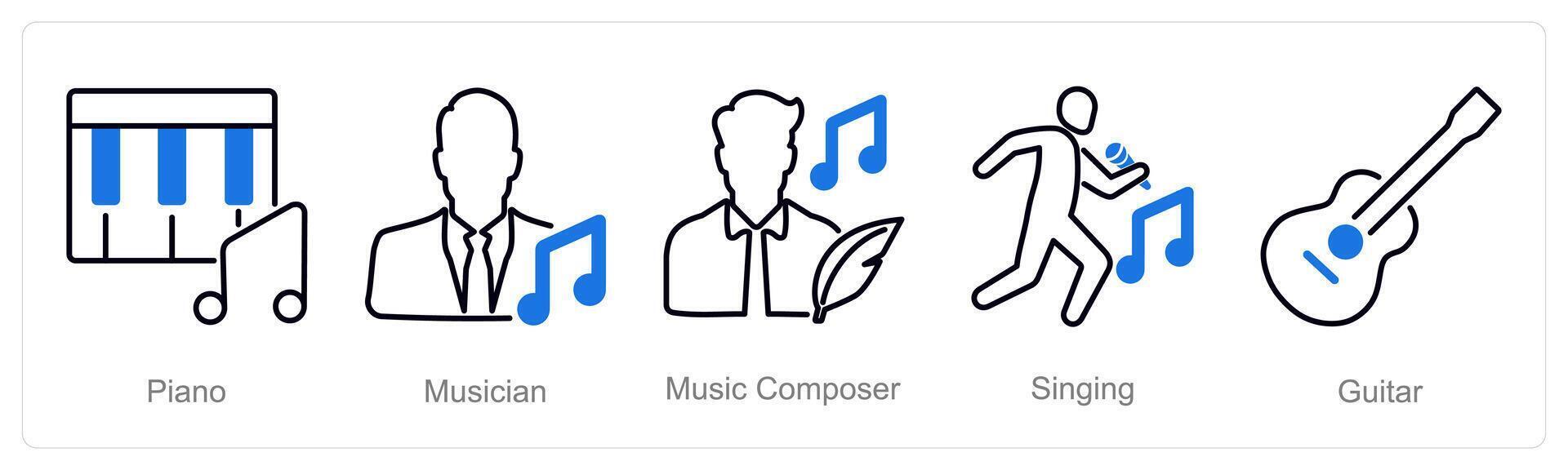A set of 5 Music icons as piano, musician, music composer vector