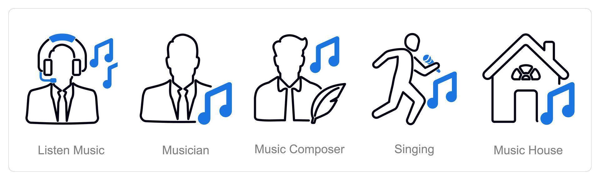 A set of 5 Music icons as listen music, musician, music composer vector