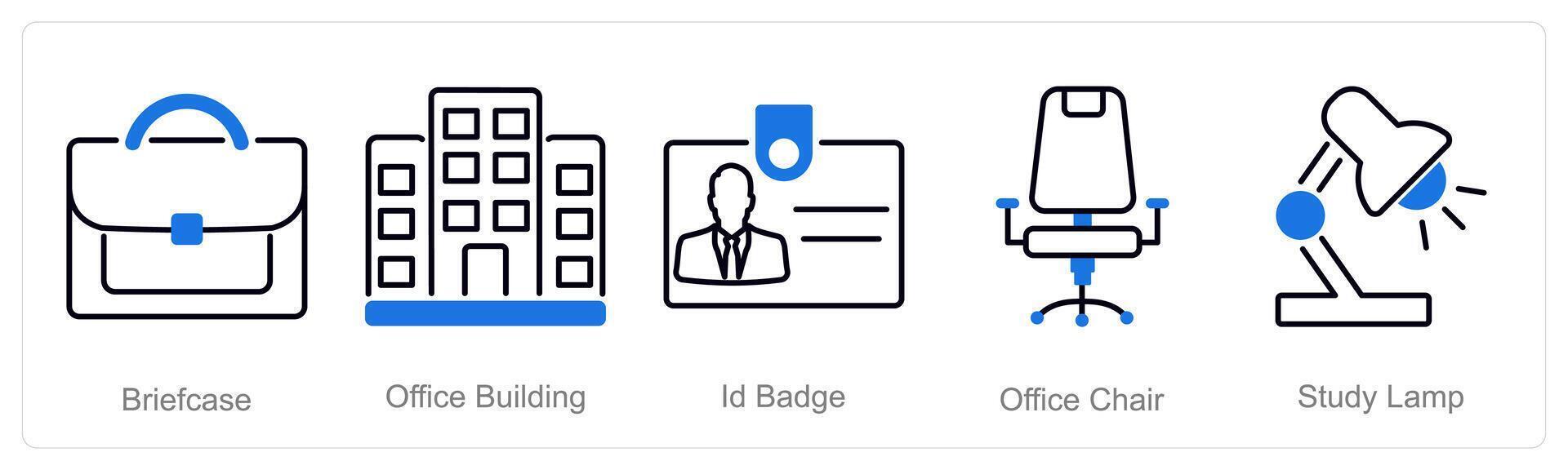 A set of 5 Office icons as briefcase, office building, id badge vector