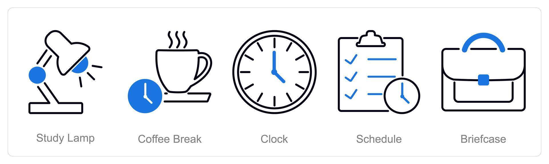A set of 5 Office icons as study lamp, coffee break, clock vector