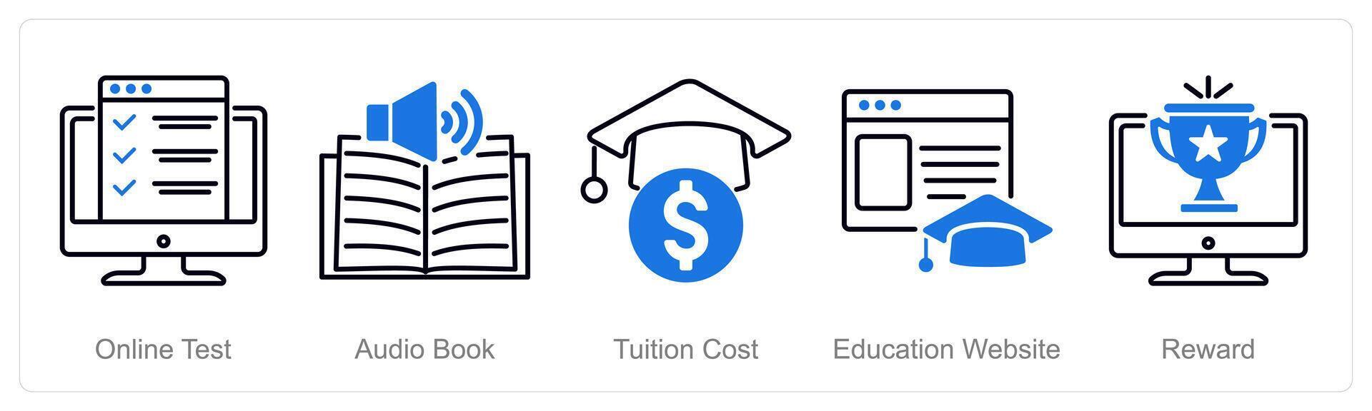 A set of 5 Online Education icons as online test, audio book, tuition cost vector
