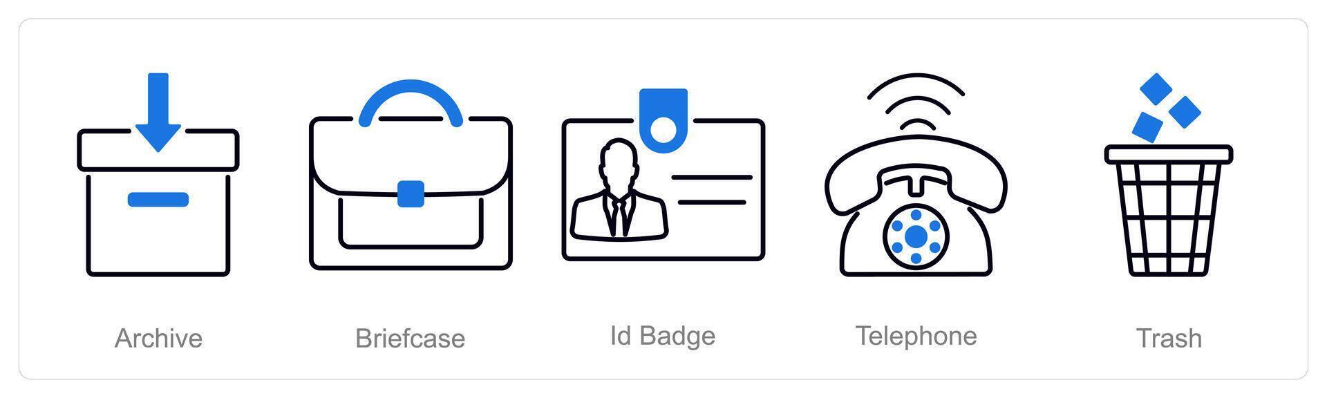 A set of 5 Office icons as archive, briefcase, id badge vector