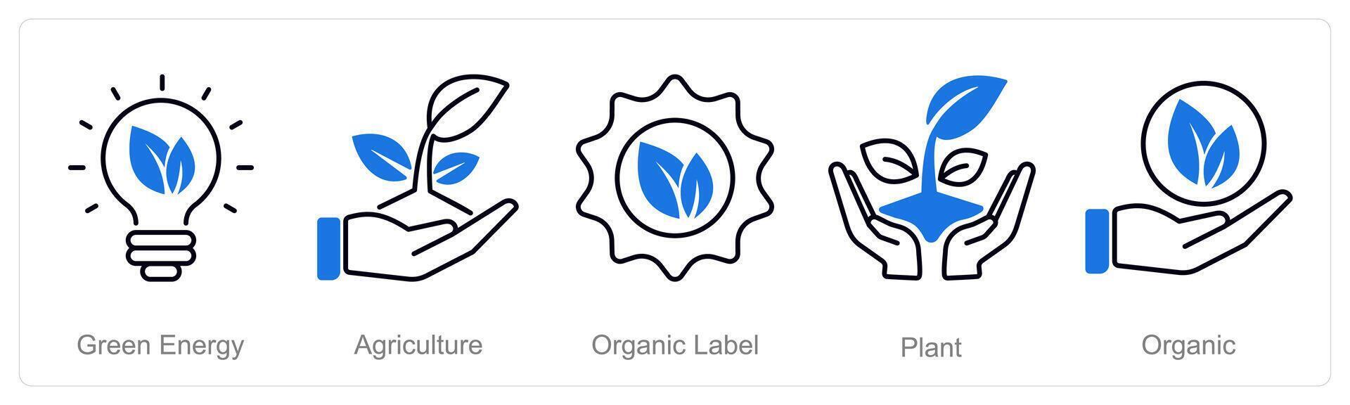 A set of 5 Organic Farming icons as green energy, agriculture, organic label vector