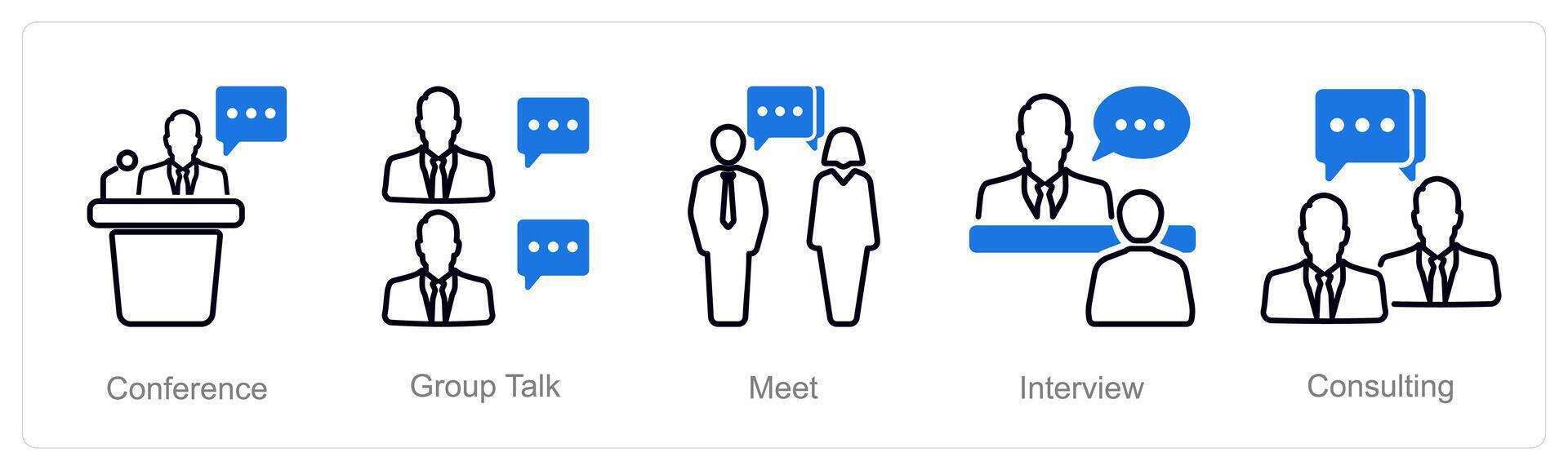A set of 5 Meeting icons as conference, group talk, meet vector
