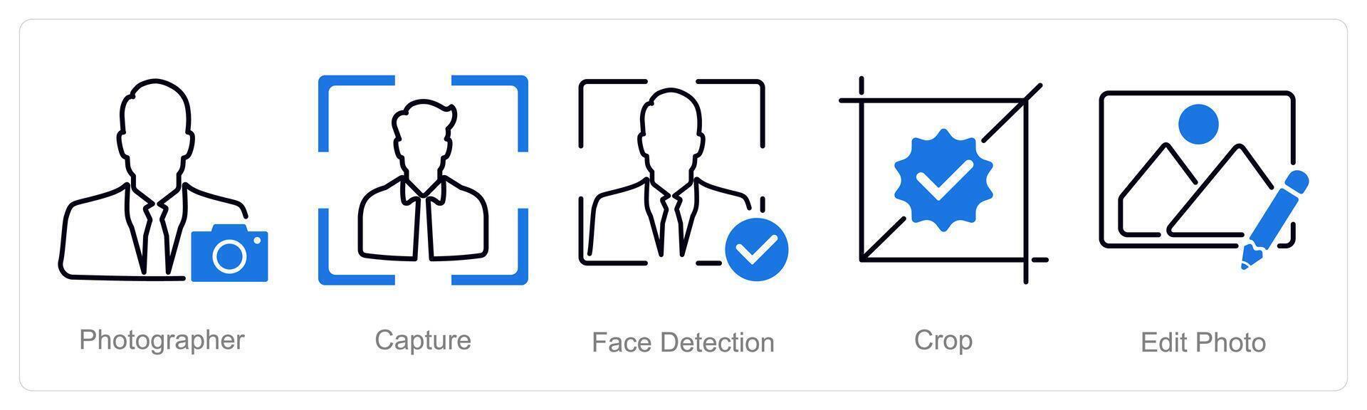A set of 5 Photography icons as photographer, capture, face detection vector