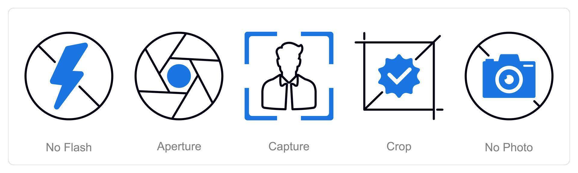 A set of 5 Photography icons as no flash, aperture, capture vector
