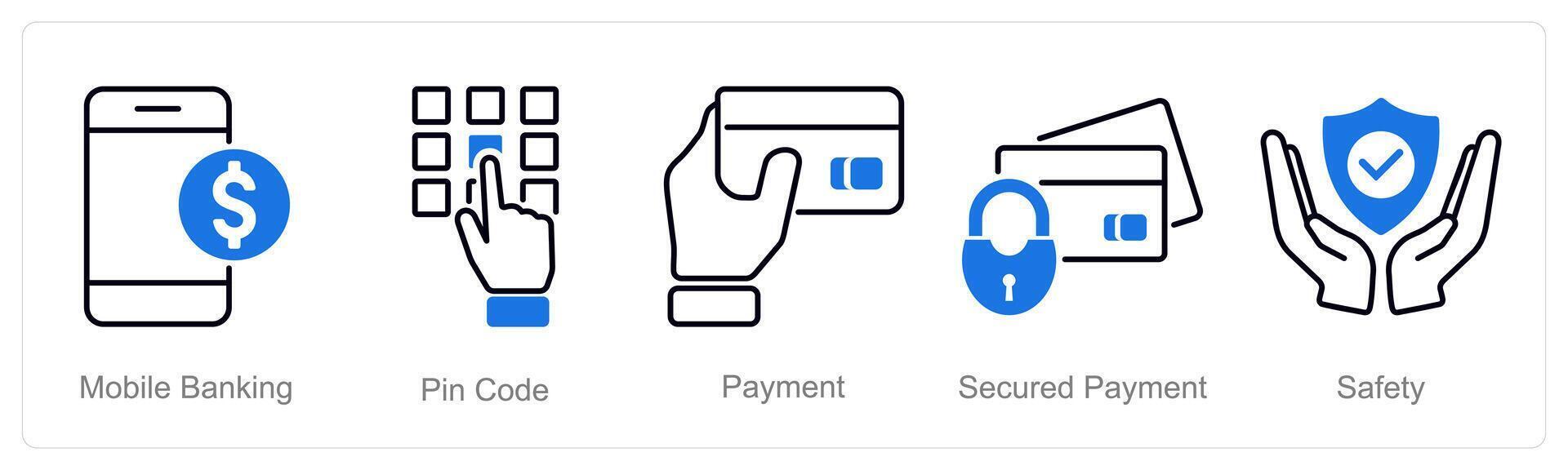 A set of 5 security icons as mobile banking, pin code, payment vector