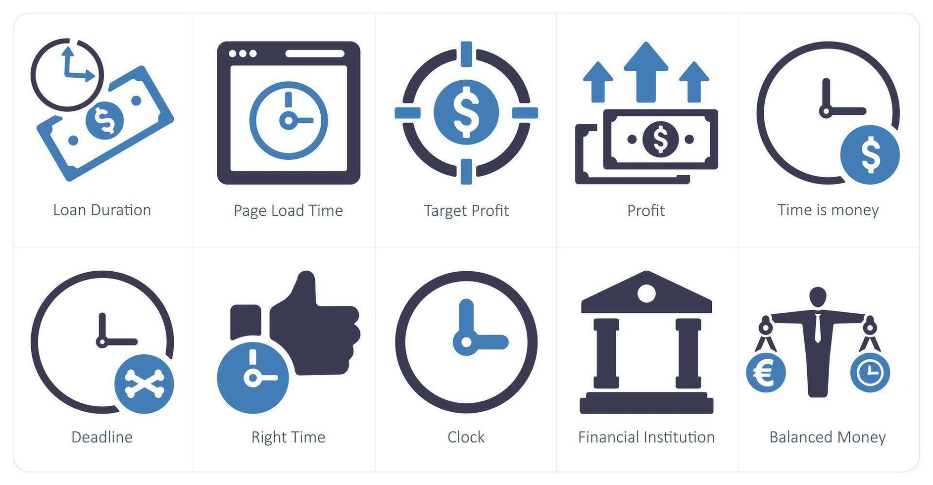 A set of 10 web marketing icons as loan duration, page load time, target profit vector