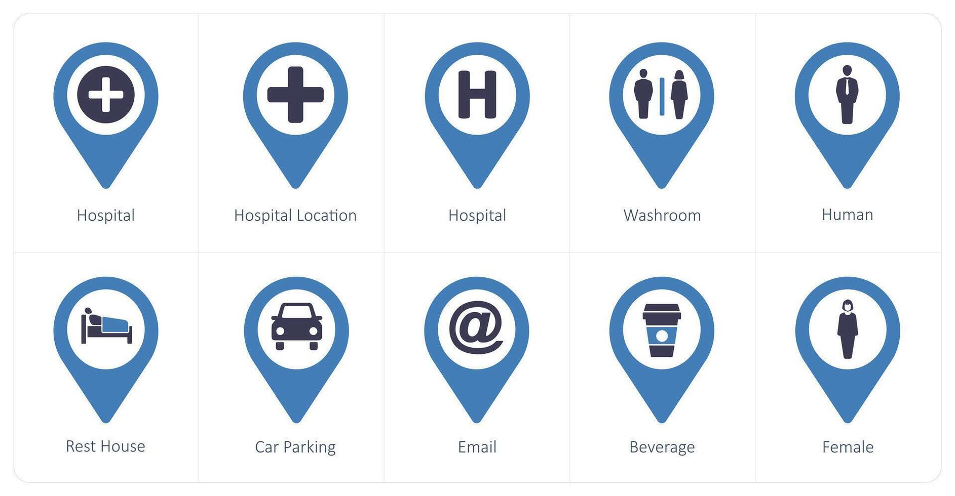 A set of 10 Location Pointer icons as hospital, hospital location, washroom vector