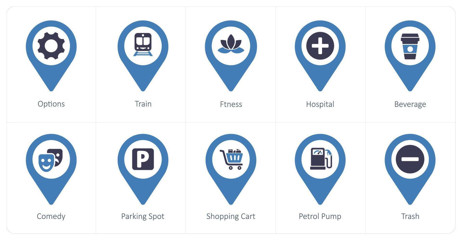 A set of 10 Location Pointer icons as options, train, fitness vector