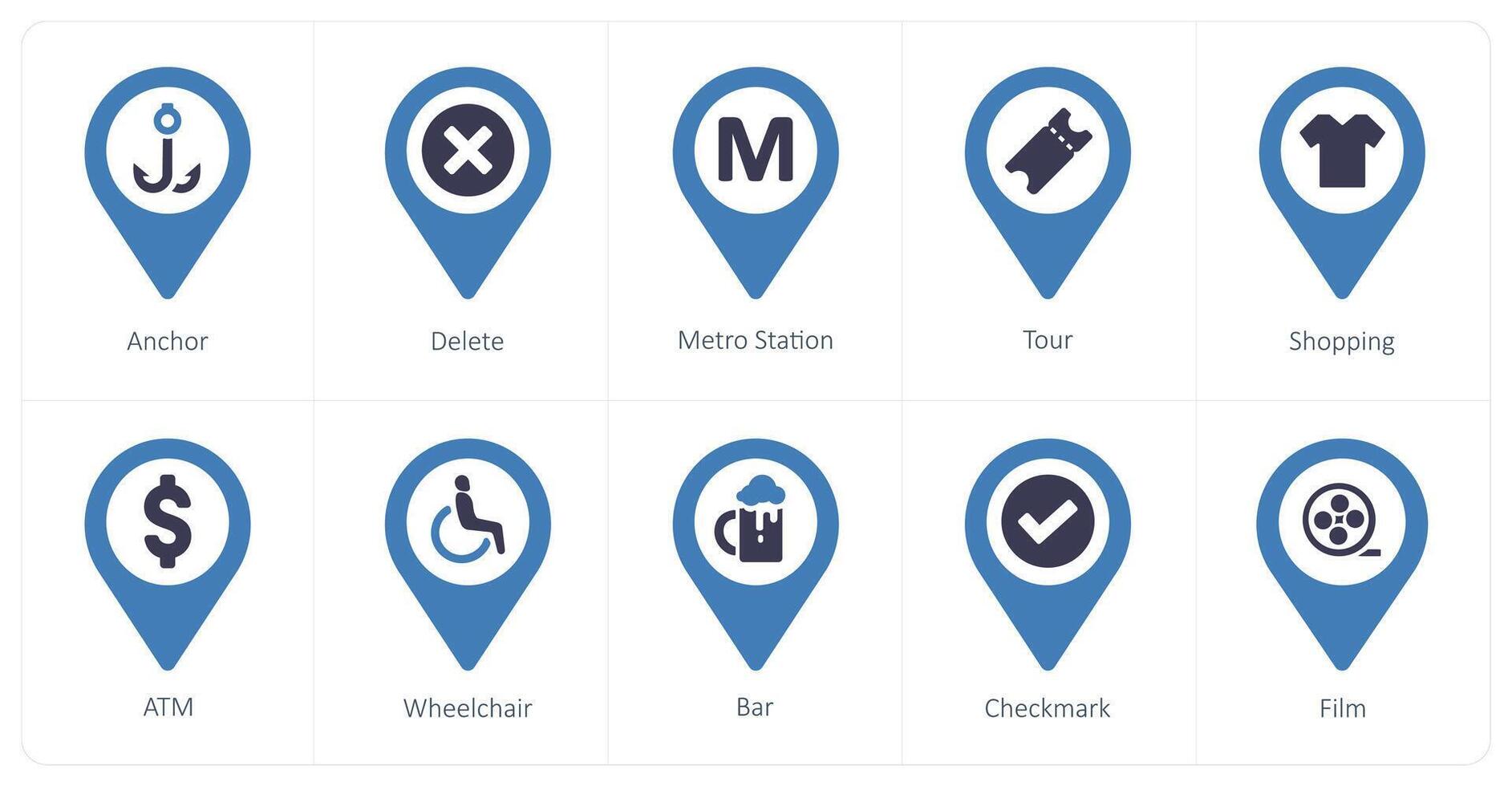 A set of 10 Location Pointer icons as anchor, delete, metro station vector