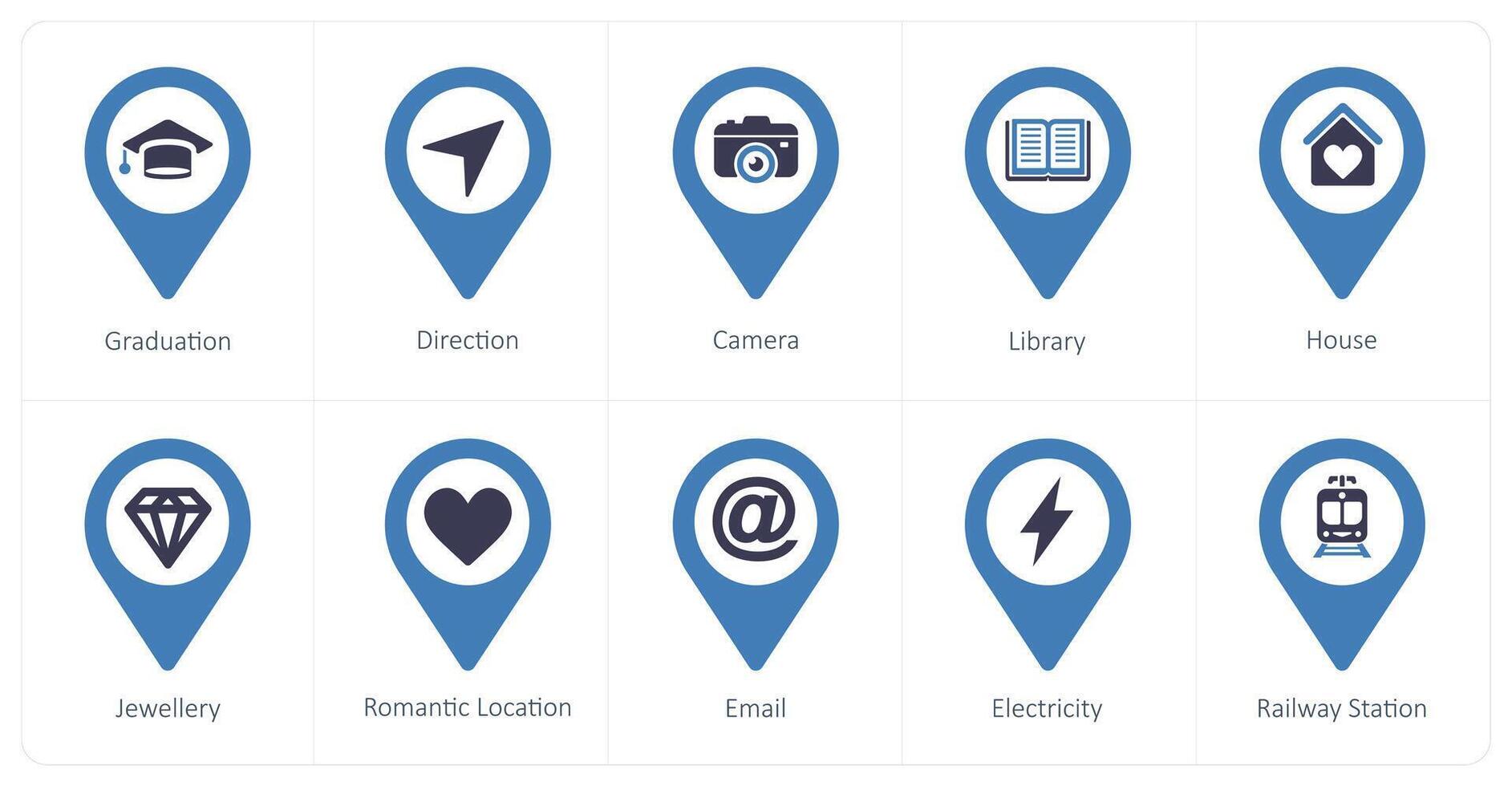 A set of 10 Location Pointer icons as graduation, direction, camera vector