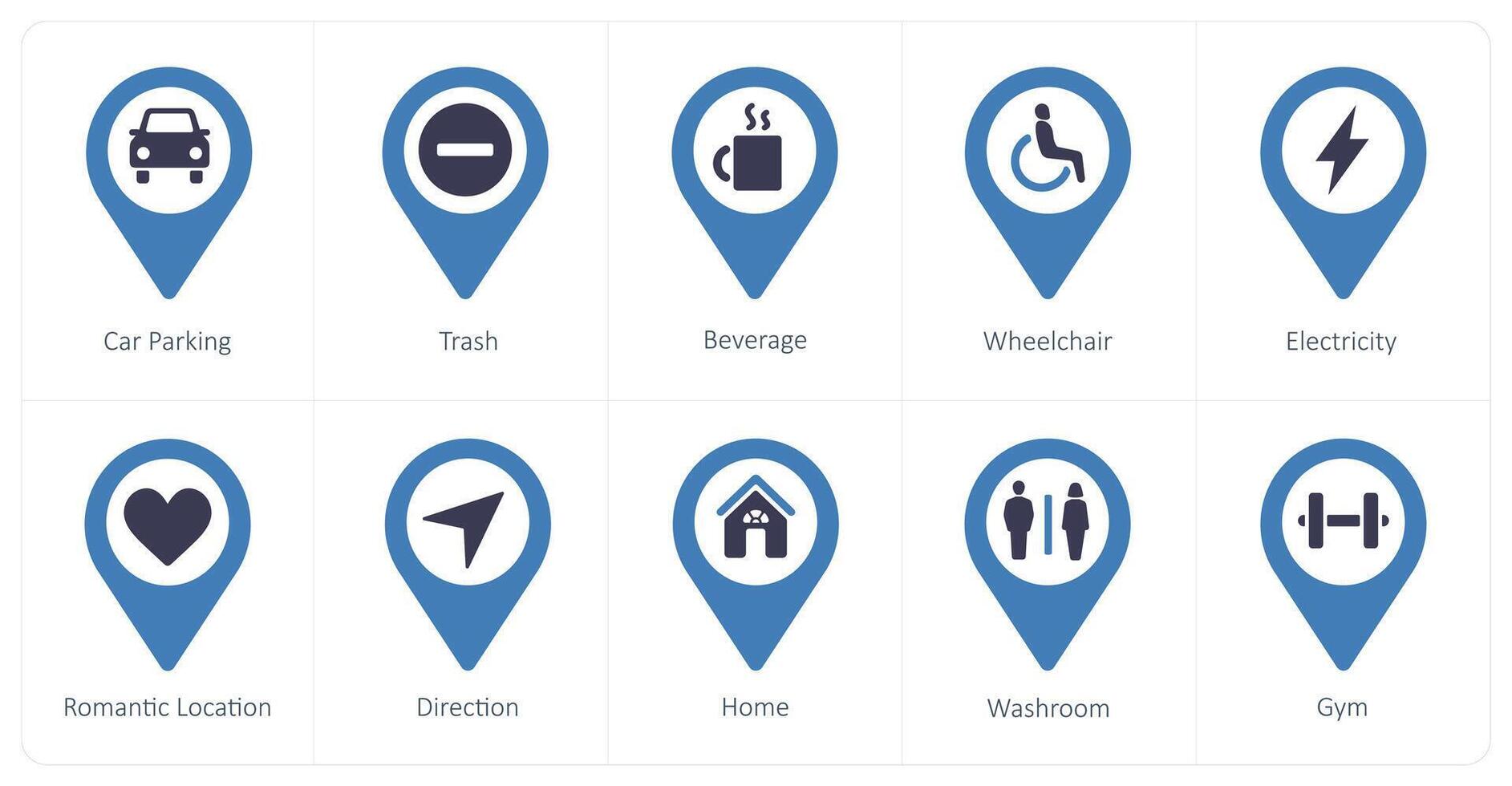 A set of 10 Location Pointer icons as car parking, trash, beverage vector