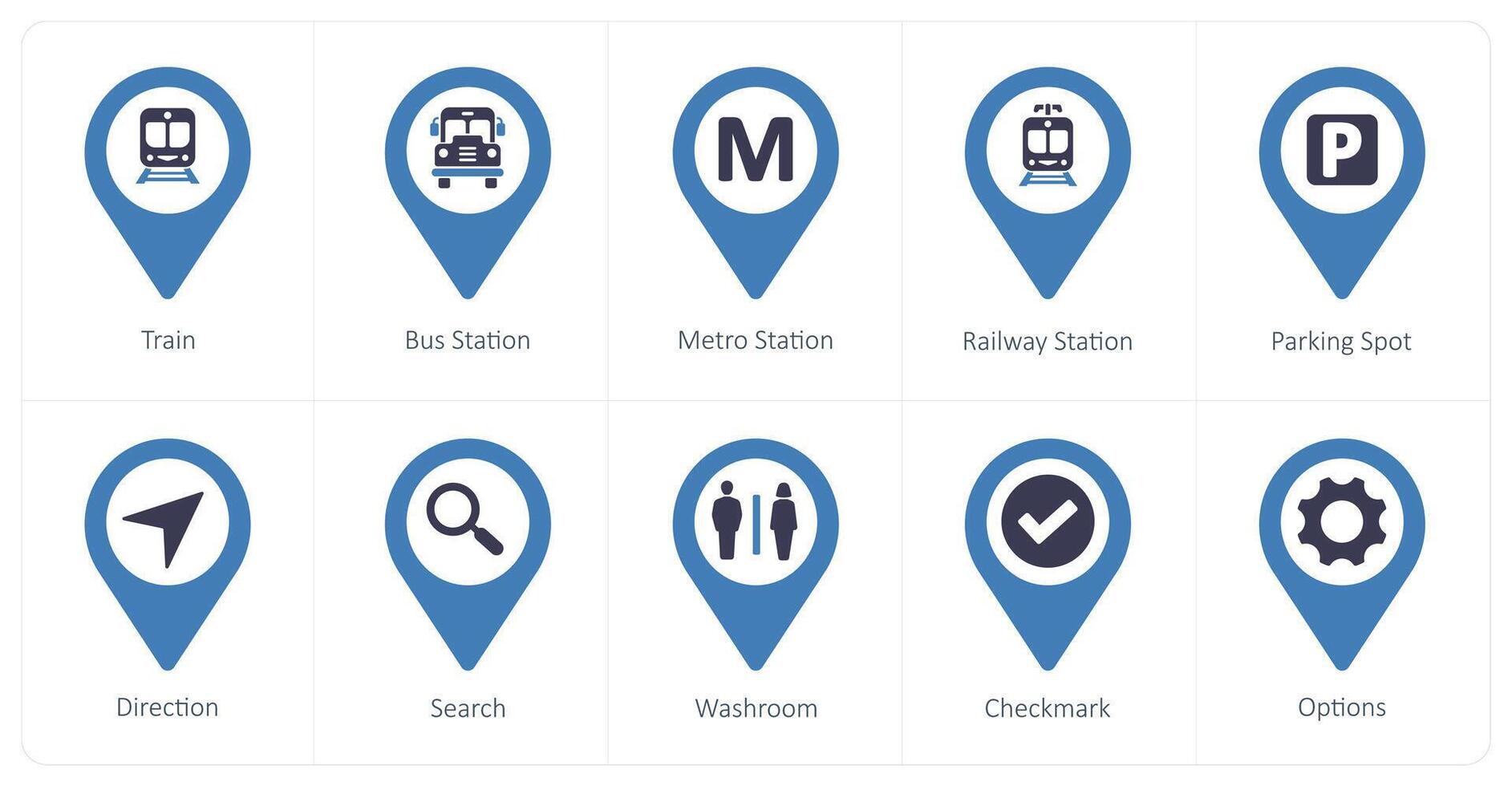 A set of 10 Location Pointer icons as train, bus station, metro station vector