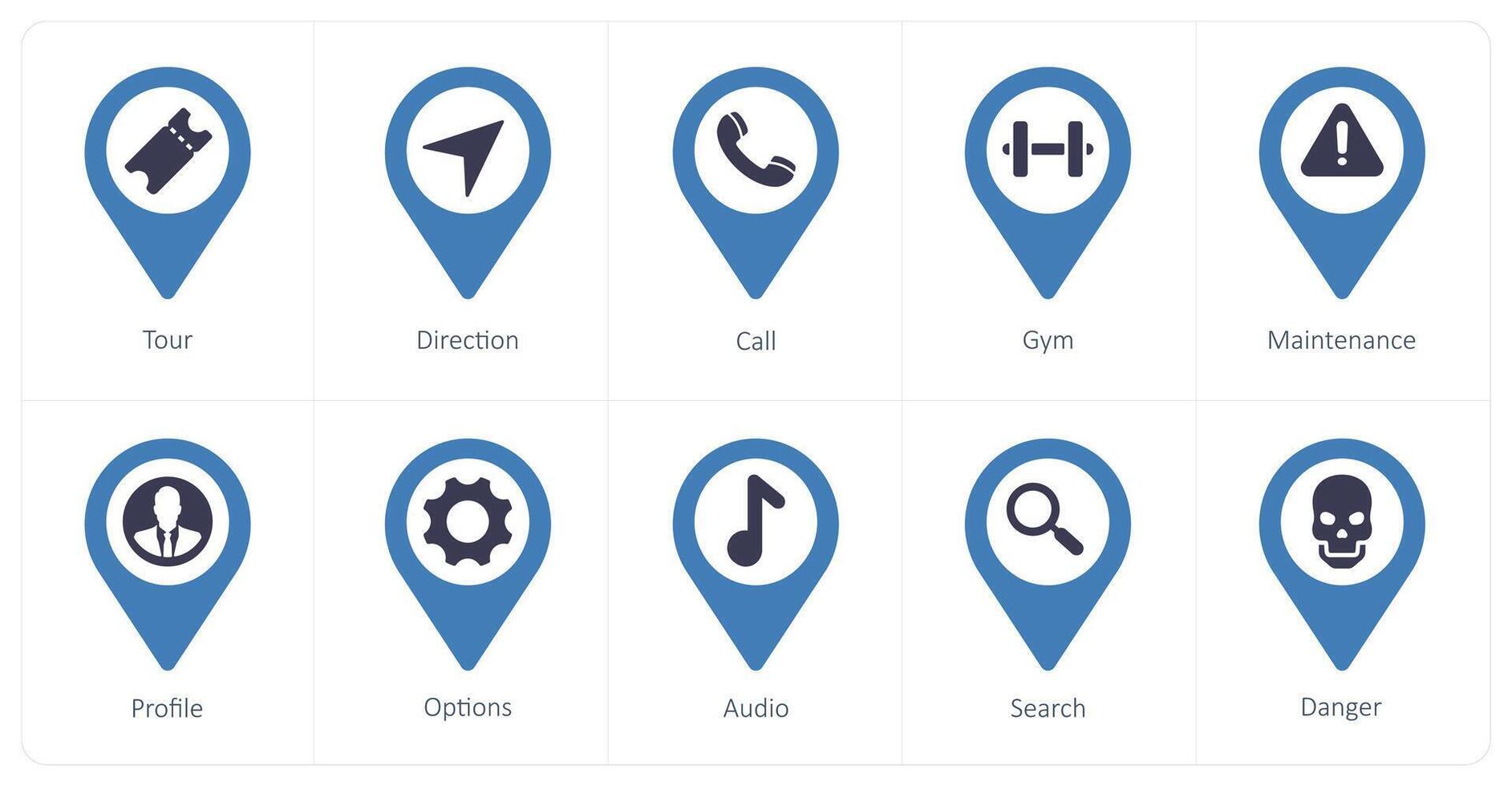 A set of 10 Location Pointer icons as tour, direction, call vector