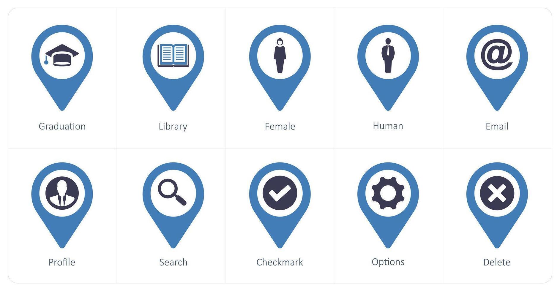 A set of 10 Location Pointer icons as graduation, library, female vector