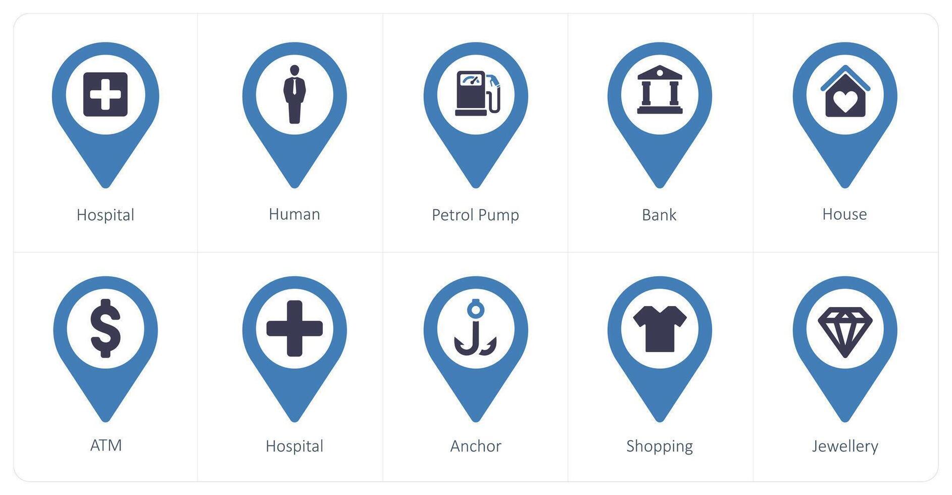 A set of 10 Location Pointer icons as hospital, human, petrol pump vector