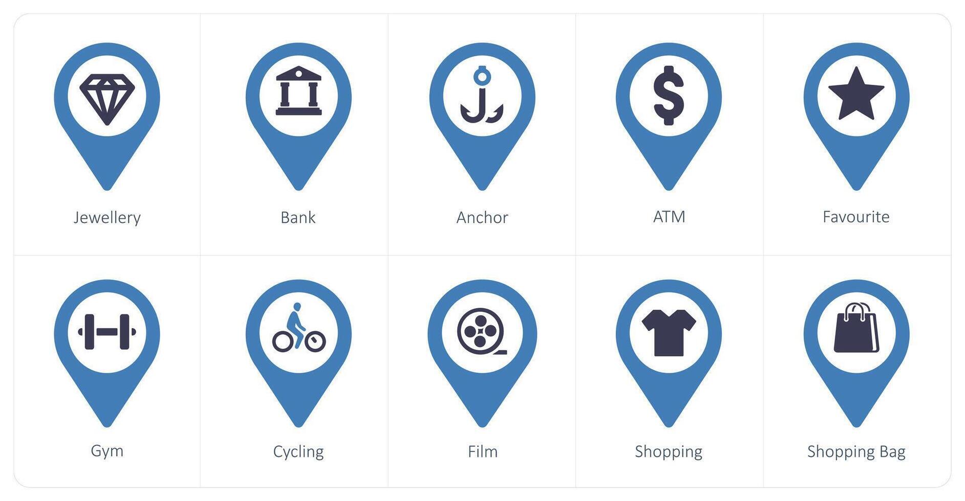 A set of 10 Location Pointer icons as jewellery, bank, anchor vector