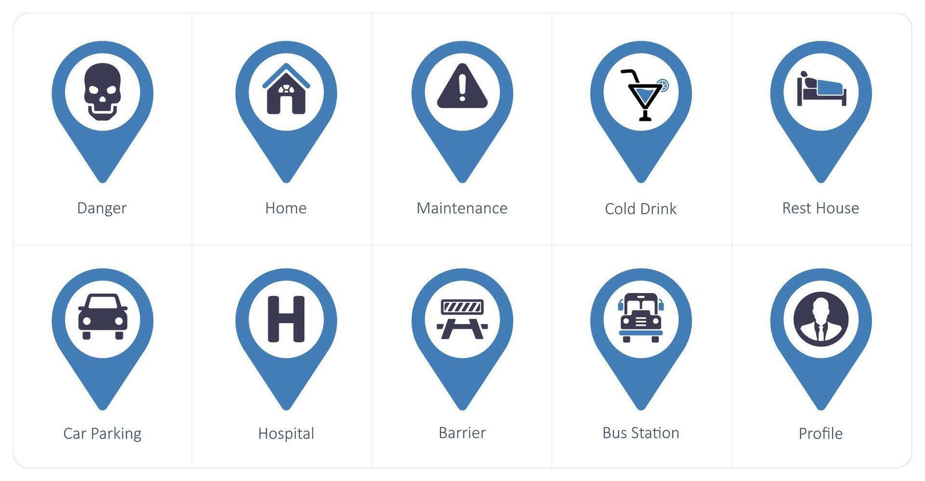 A set of 10 Location Pointer icons as danger, home, maintenance vector