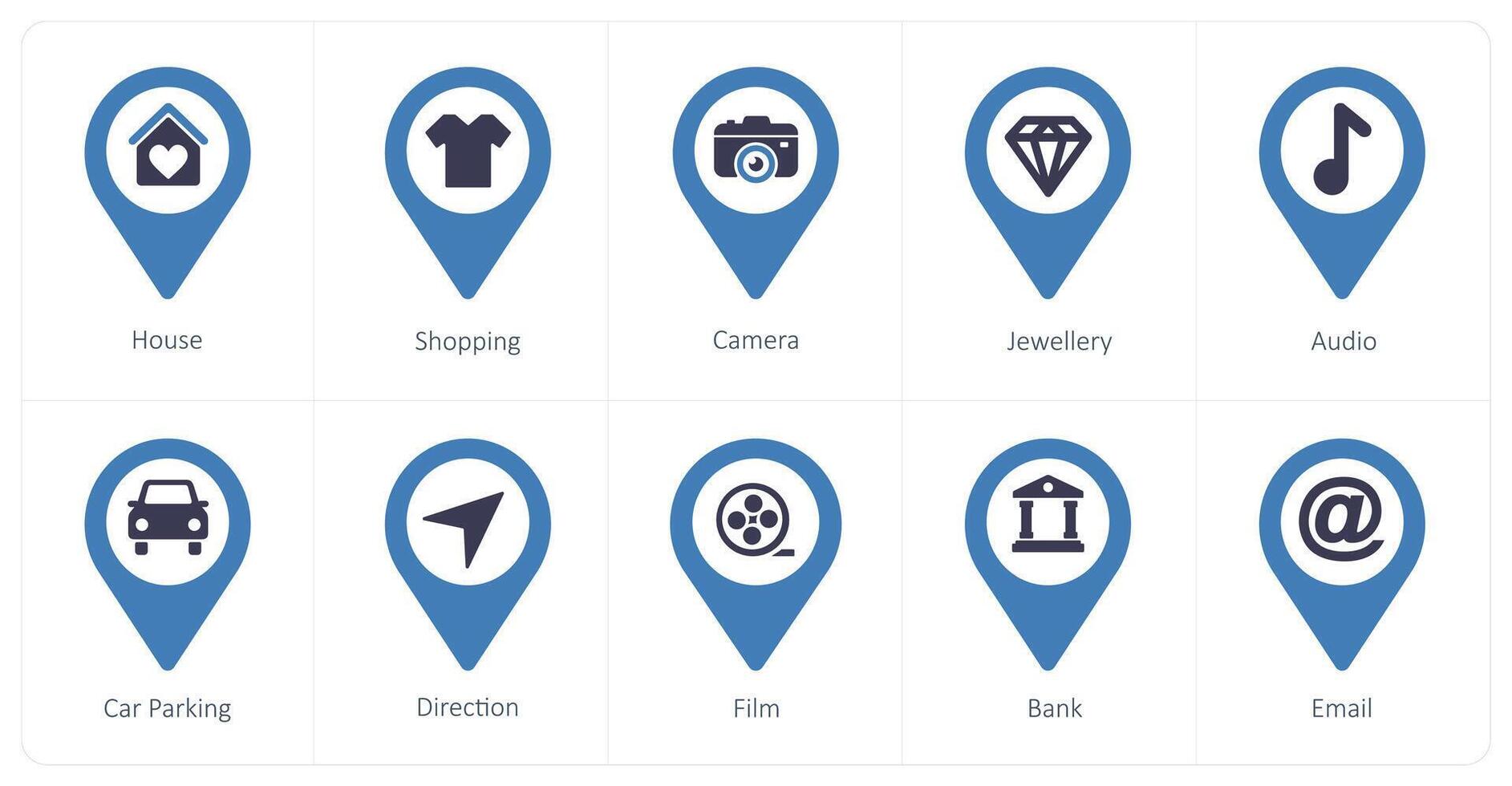 A set of 10 Location Pointer icons as house, shopping, camera vector