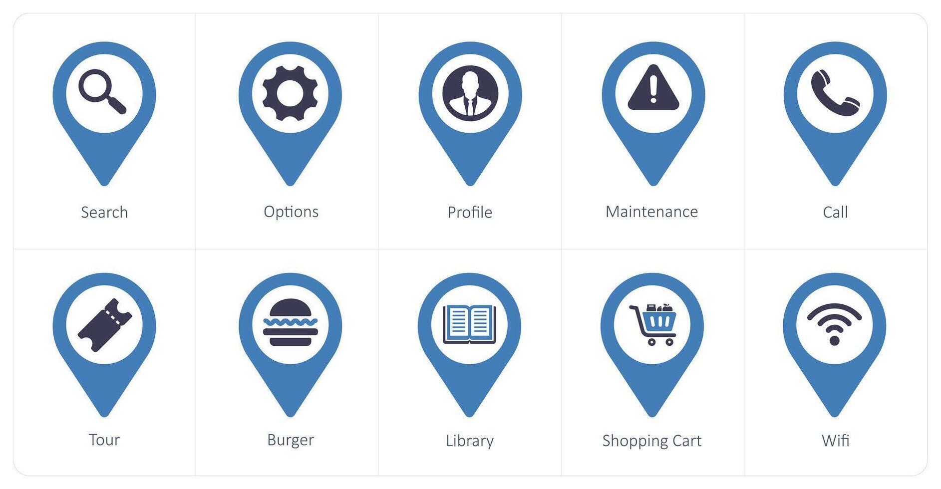 A set of 10 Location Pointer icons as search, options, profile vector