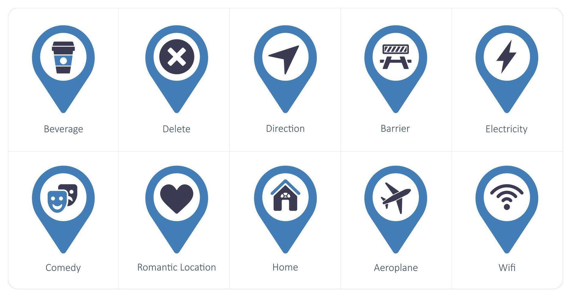 A set of 10 Location Pointer icons as beverage, delete, direction vector