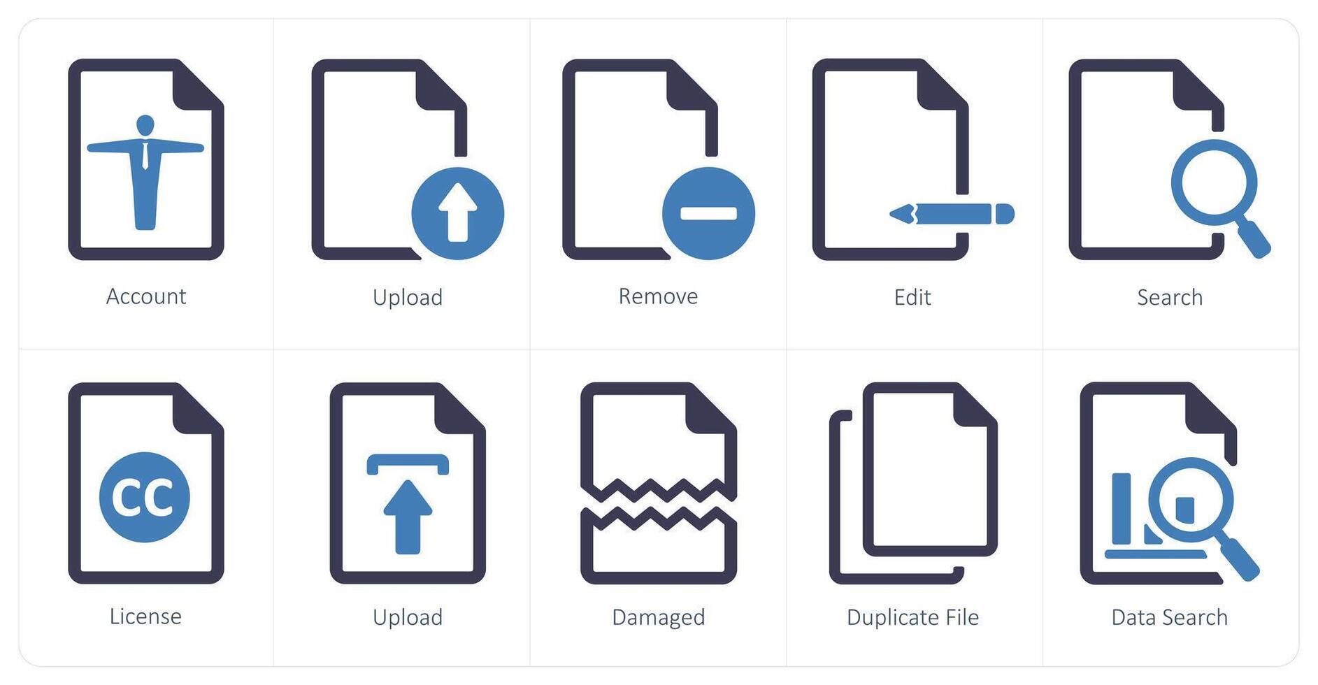 A set of 10 File icons as account, upload, remove vector