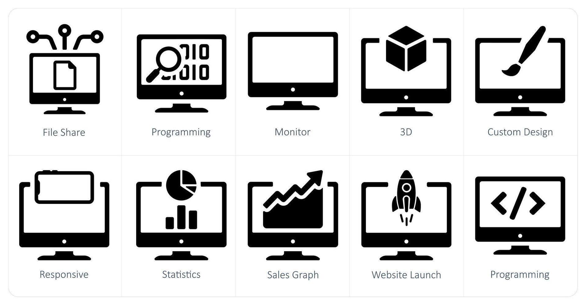 A set of 10 web marketing icons as file share, programming, monitor vector