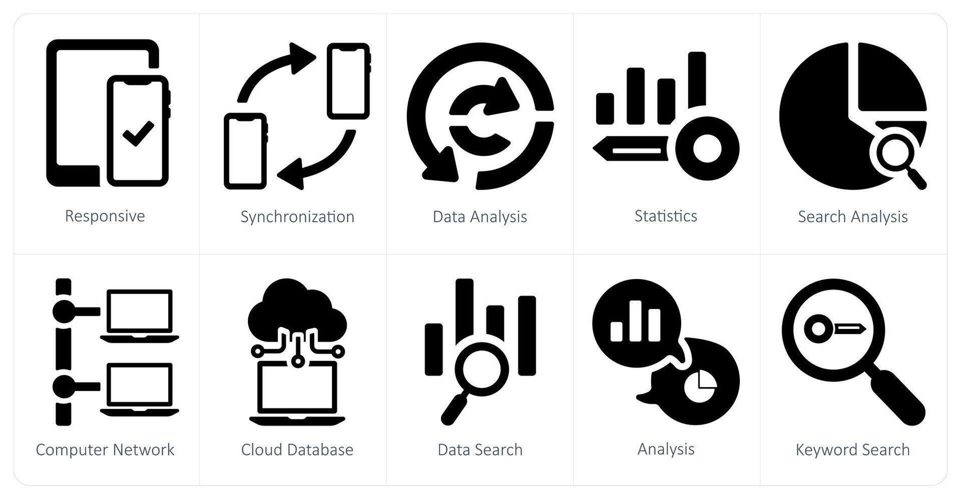 A set of 10 web marketing icons as responsive, synchronization, data analysis vector