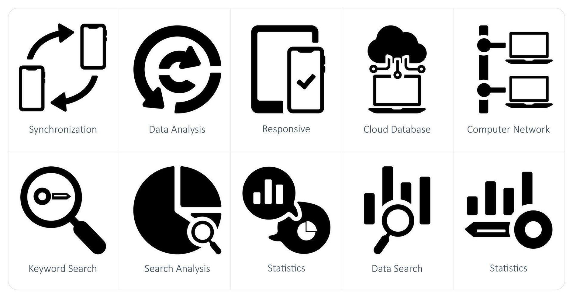 A set of 10 web marketing icons as synchronization, data analysis, responsive vector