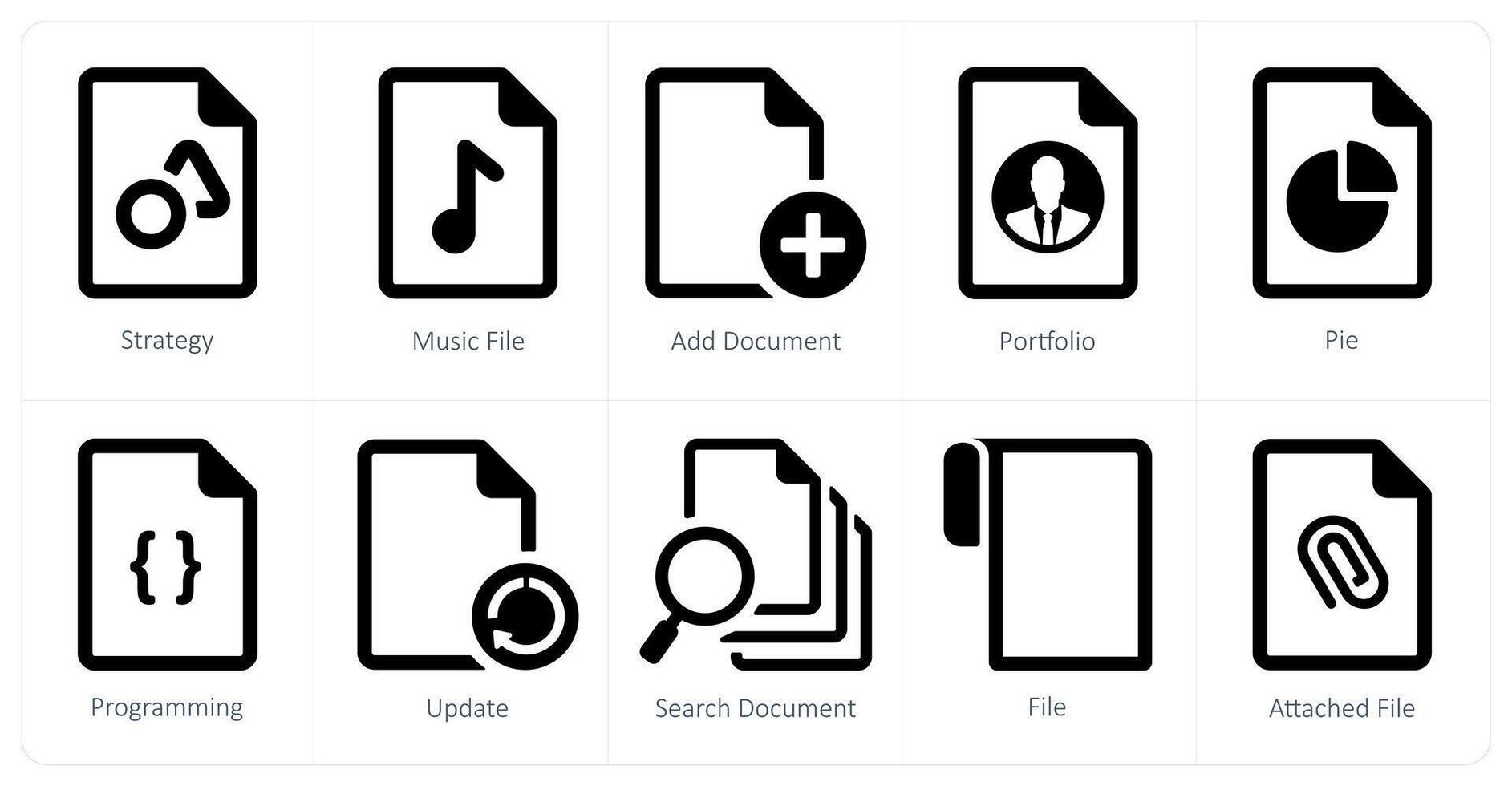 A set of 10 File icons as strategy, music file, add document vector