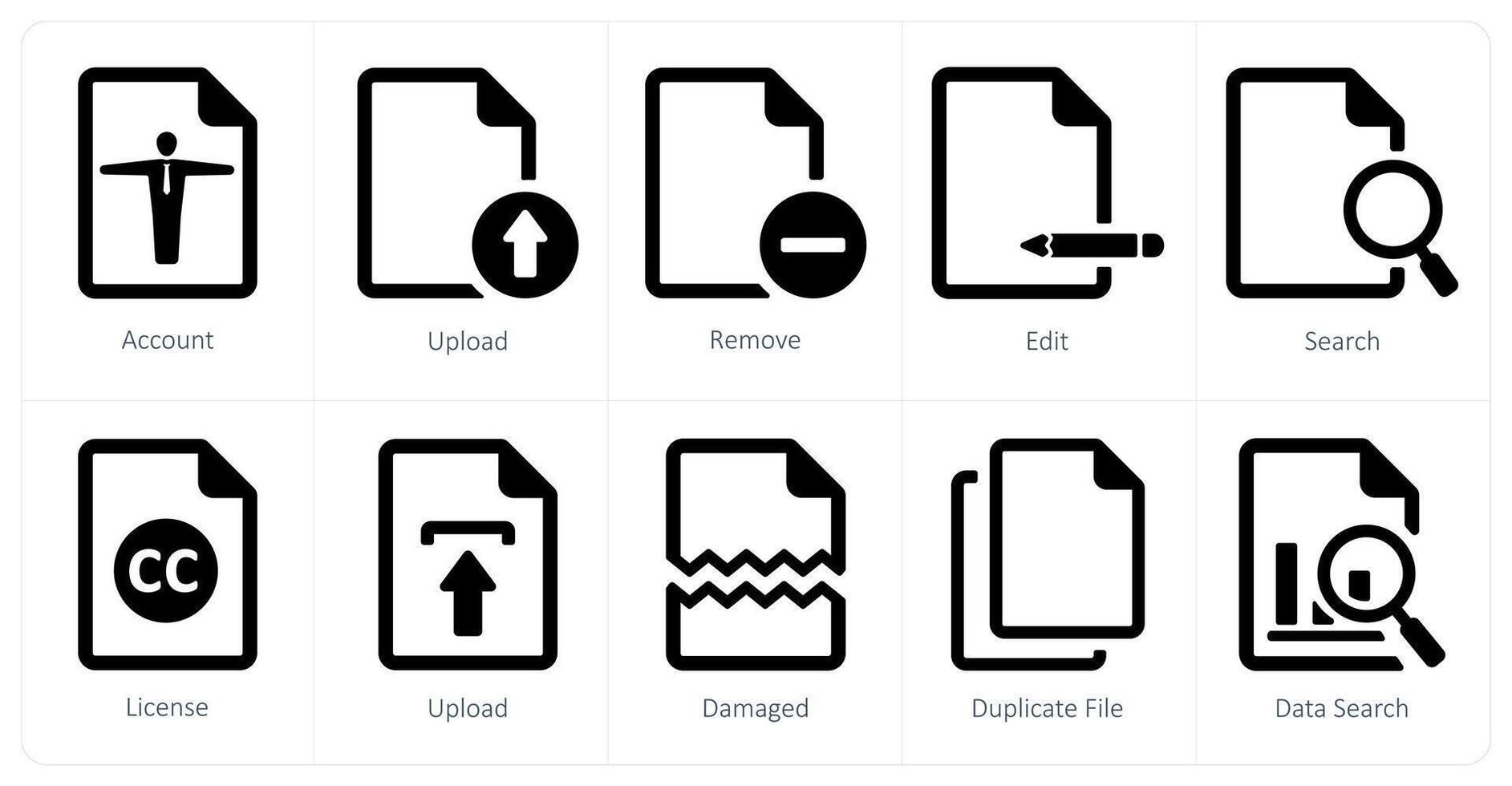 A set of 10 File icons as account, upload, remove vector