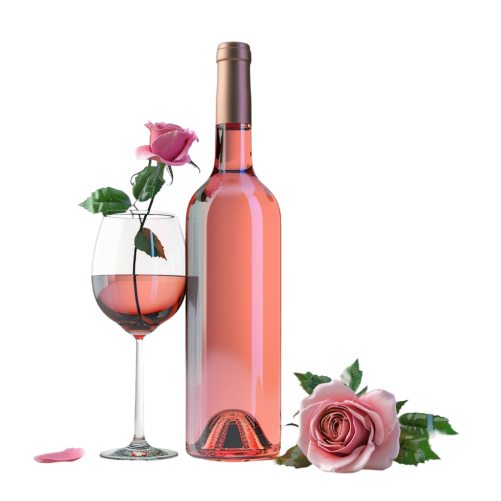 Rose Wine Bottle and glass with rose on transparent background Generative-AI png