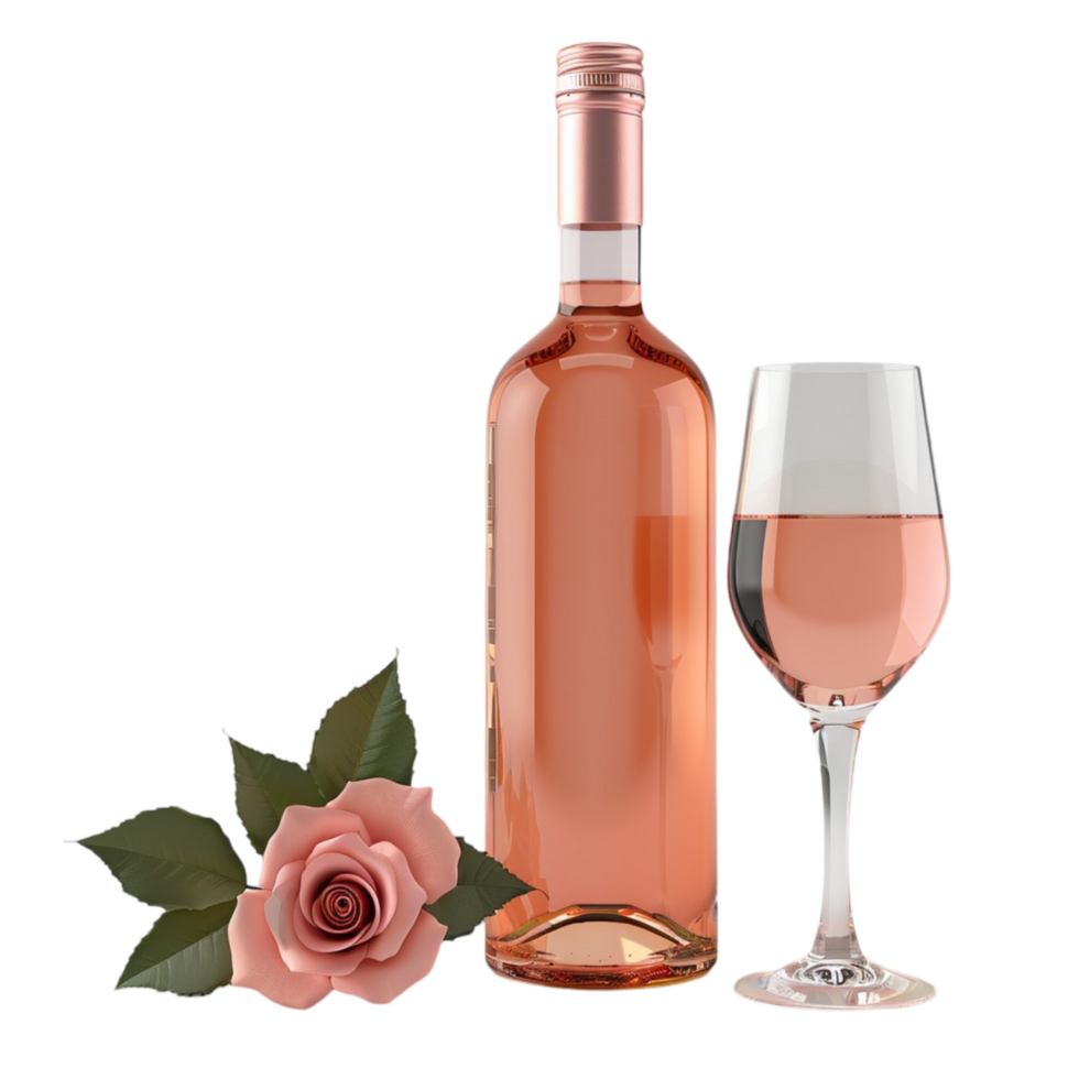Rose Wine Bottle and glass with rose on transparent background Generative-AI png