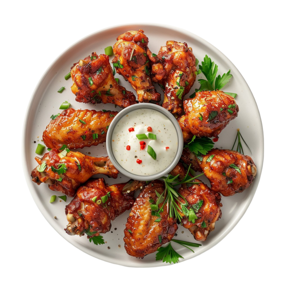 Chicken Wings with sauce and herbs on a Plate Generated-AI png