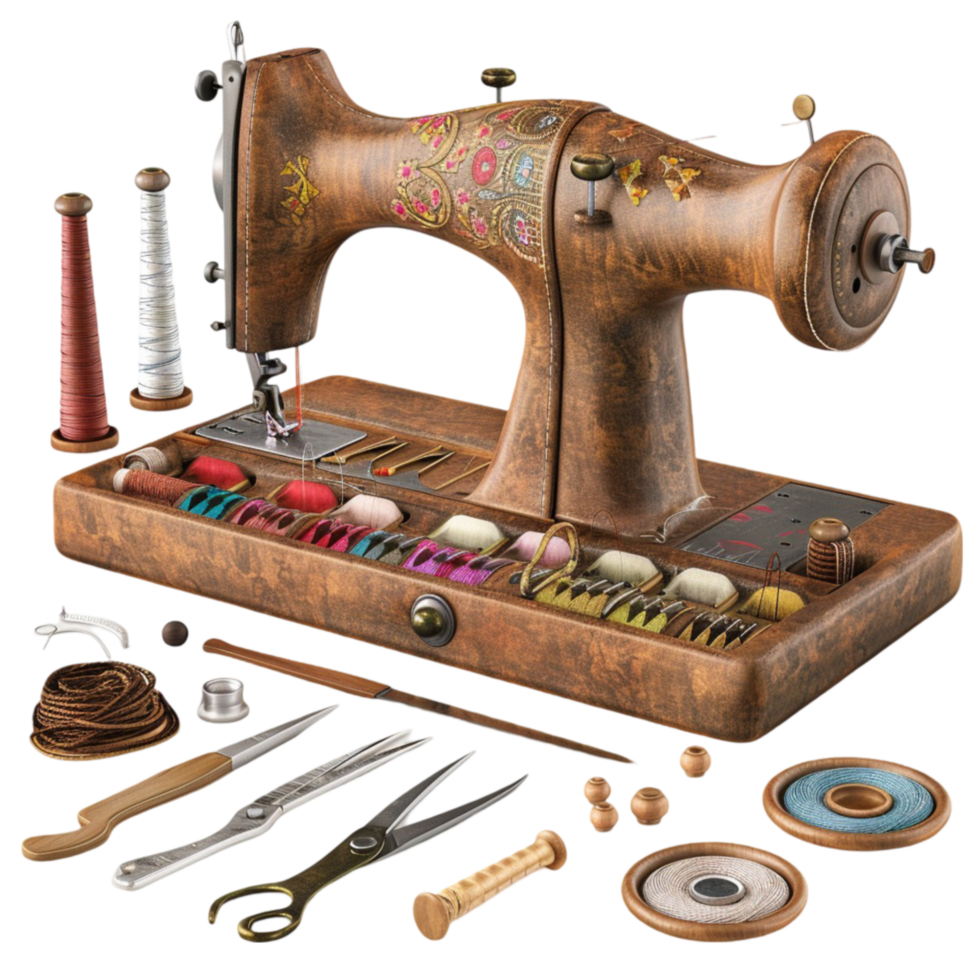 An Old sewing Machine with various Sewing Supplies Generative-AI png