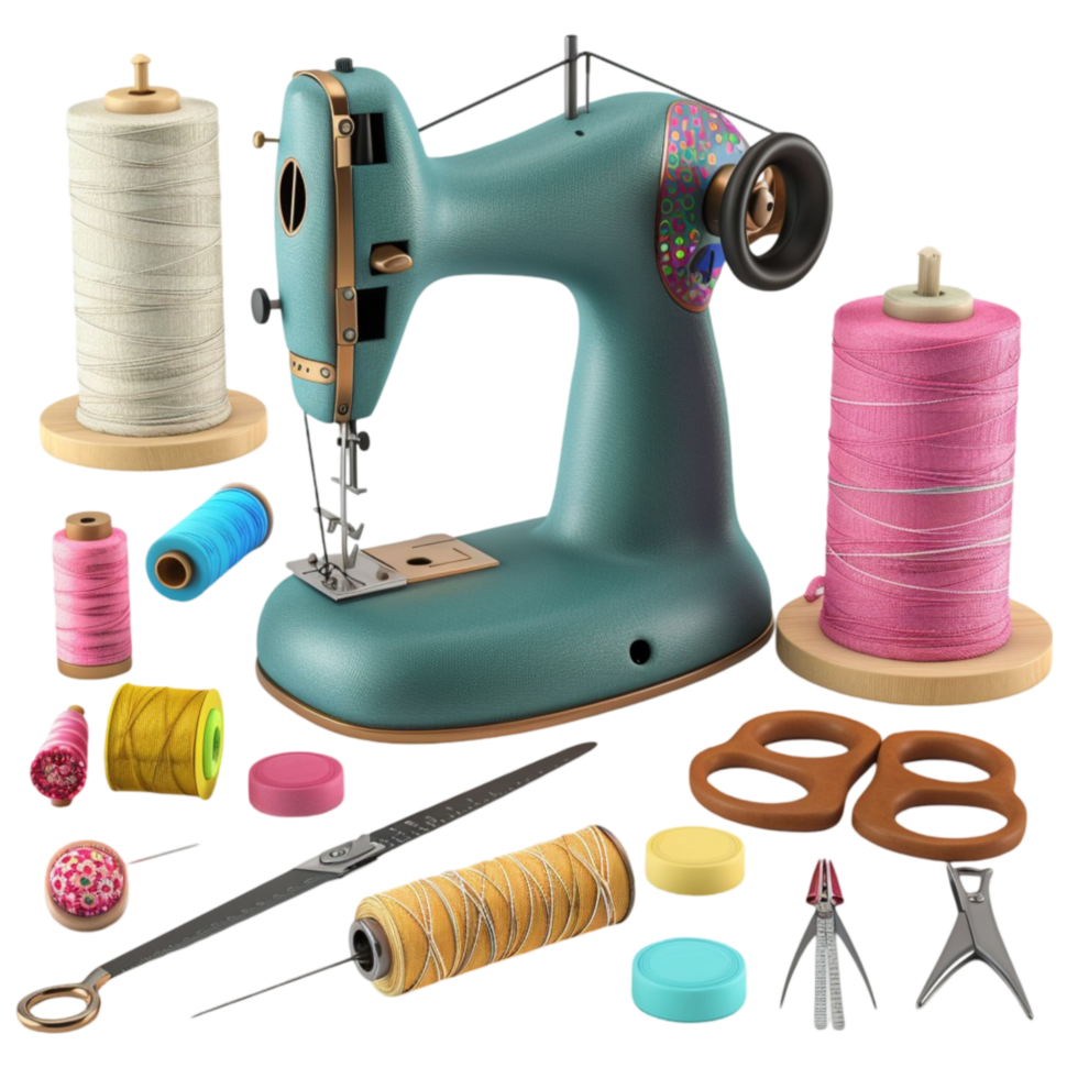 Sewing Machine and Thread spools on a white background Generative-AI png