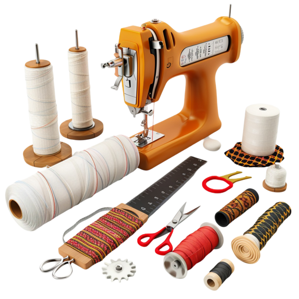 Isolated vintage sewing machine and fabrics set displayed on a white Generative-AI png