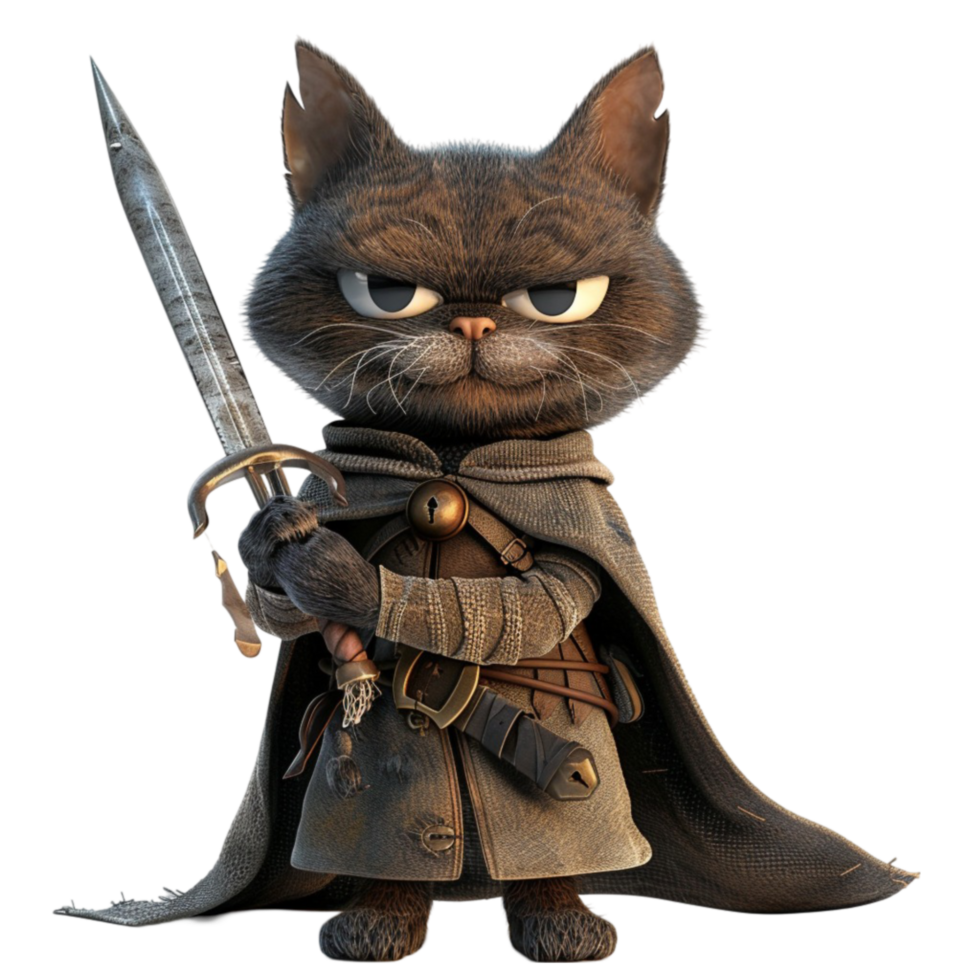 A Cartoon cat with a Sword and a Cloak Generative-AI png