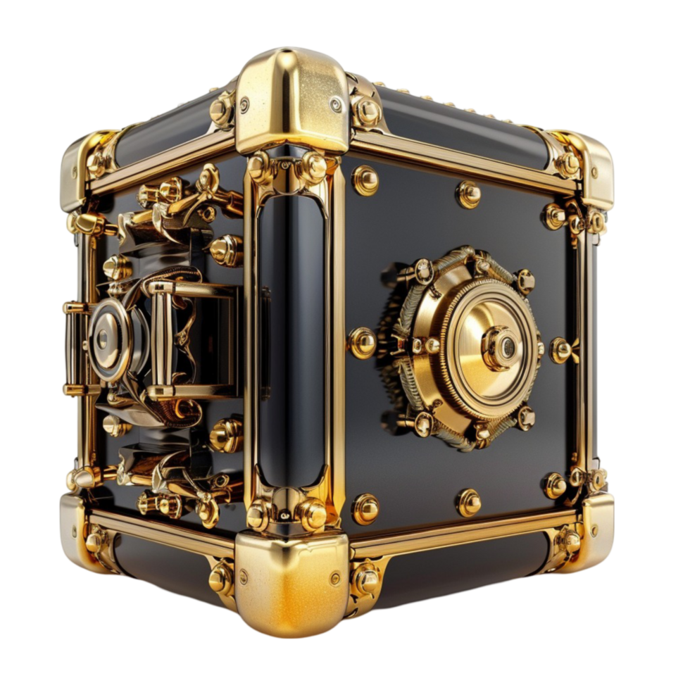 The Extravagant Wealth A Black Safe Gleaming with Gold Bars on a Luxurious Black Rampart on transparent Background Generative-AI png